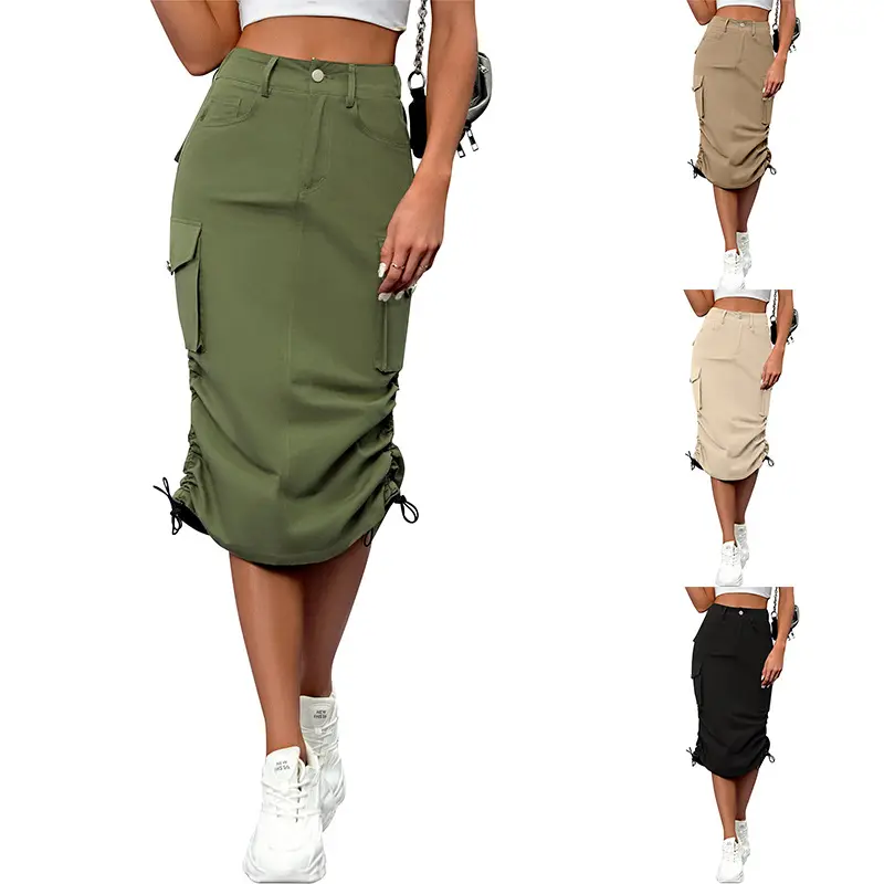 Mujer cargo Maxi falda con bolsillos jupe cargo longue cargo falda con bolsillos liso teñido