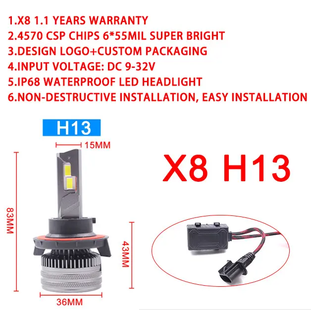 X8 công suất cao 200W 40000lm Xe LED ánh sáng H4 12V LED Đèn pha 3 ống đồng bóng đèn CANBUS H1 H3 H7 H8 H9 H11 cho BMW