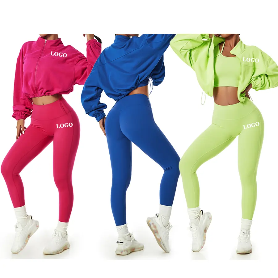 Venta al por mayor personalizado otoño 2023 ropa de mujer Crop Top Full Zip Up Sudadera con capucha y Leggings Jogger Set Fitness Yoga Wear para conjuntos de mujer