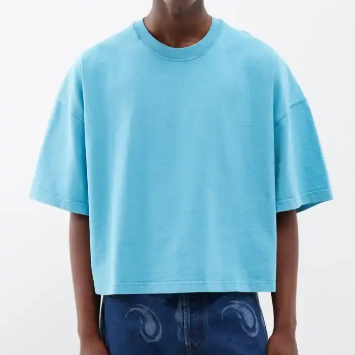 Fabricante Oversized Light Blue Crop T shirt 100% Algodão Gota Ombro Tshirt Logotipo Personalizado Cropped Men T-Shirts