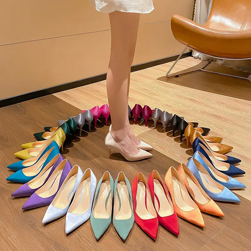 PDEP 6cm 18 colores zapatos de tacón alto de satén de un solo zapato para mujer 2023 nuevos zapatos de tacón de aguja con punta en punta para mujer