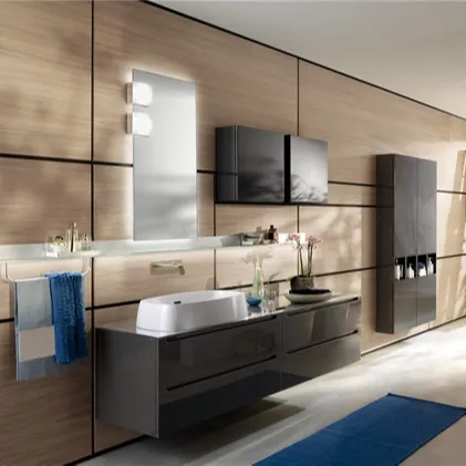 Armoire à miroir de salle de bains moderne avec évier simple, comptoir gris, meuble de salle de bains