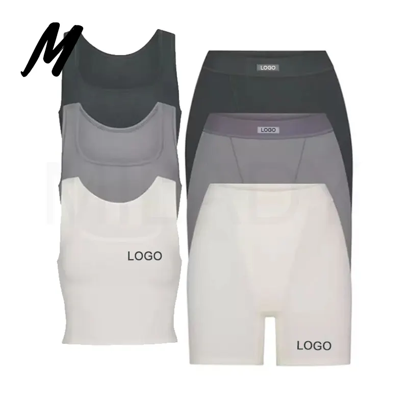 Bán Buôn Tùy Chỉnh Thêu Logo Gân Cắt Tank Top Quần Short Gân Biker Lướt Phòng Chờ Mặc Hai Mảnh Thiết Lập Phụ Nữ Quần Áo