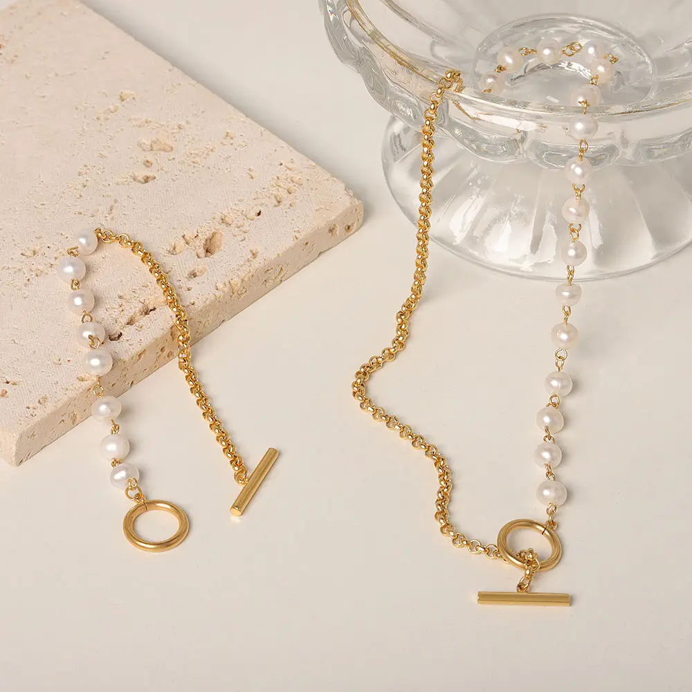 Joyería hecha a mano de agua dulce Natural para mujer, collar de pulsera de eslabones con perlas de oro de 14K de acero inoxidable