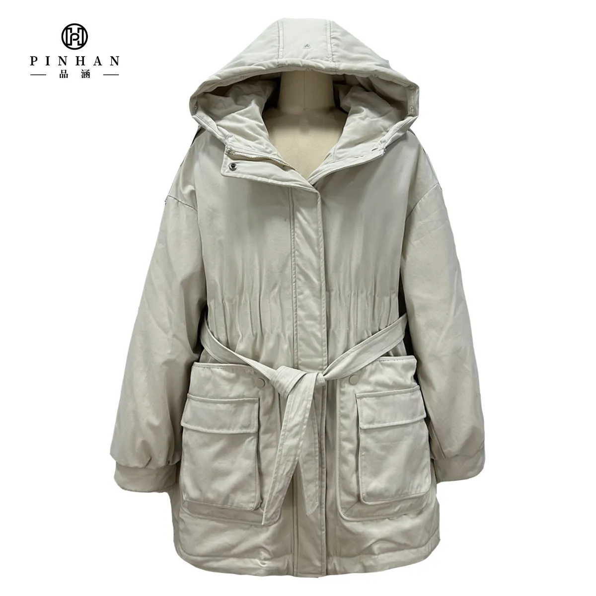 Abrigo con capucha beige claro acogedor y cálido a la moda para hombres y mujeres Otoño Invierno OEM personalizado niñas al aire libre usando chaqueta acolchada
