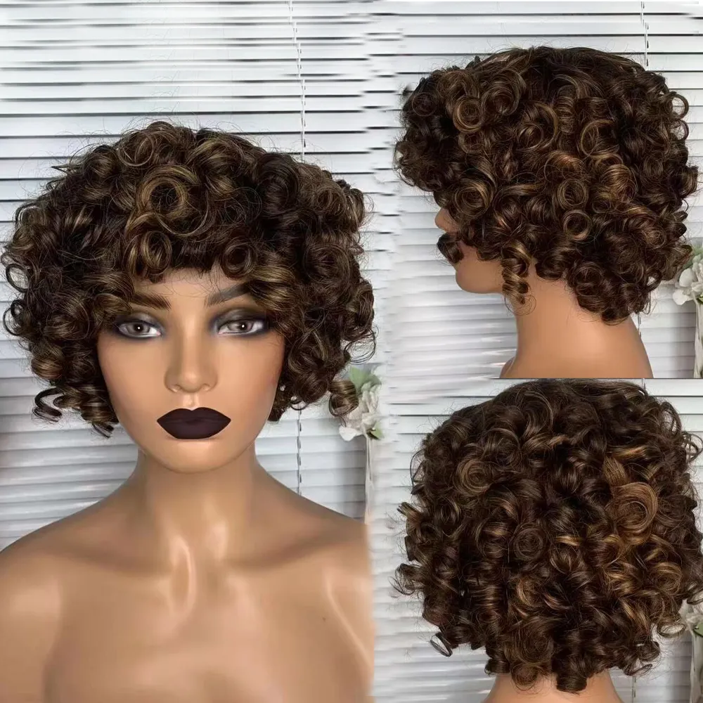 Glueless Blonde Afro crespi ricci Perruque parrucca Bob brasiliana fatta a macchina capelli umani vergini corti Pixie Curls Cut parrucche