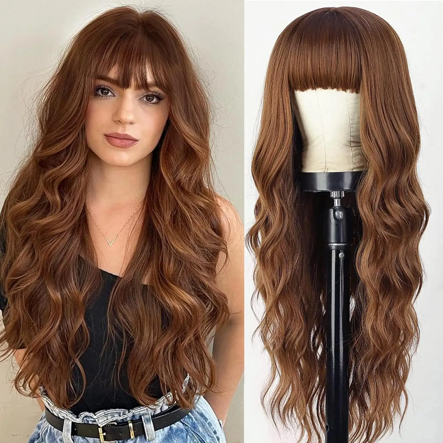 Frange pour femmes longue perruque de cheveux ondulés brun surbrillance bouclés ondulés perruques humaines pinces à cheveux synthétiques extensiones sintticas de calid