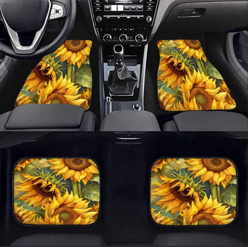 Car Floor Mat 4 Piece Sets sunflower Universal All Weather Waterproof Driver Heel Pad Protector-Full Set Front & Rear Carpet