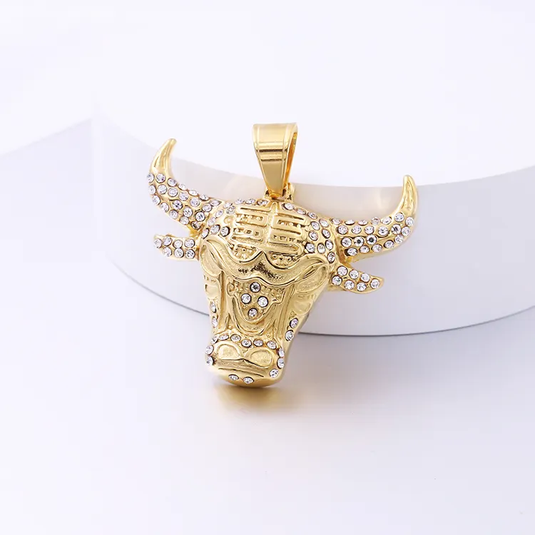 Gioielli all'ingrosso Western Cow Boy acciaio inossidabile 18k Gold Crystal Stone Bull Horn ciondolo Iced Out collane gioielli