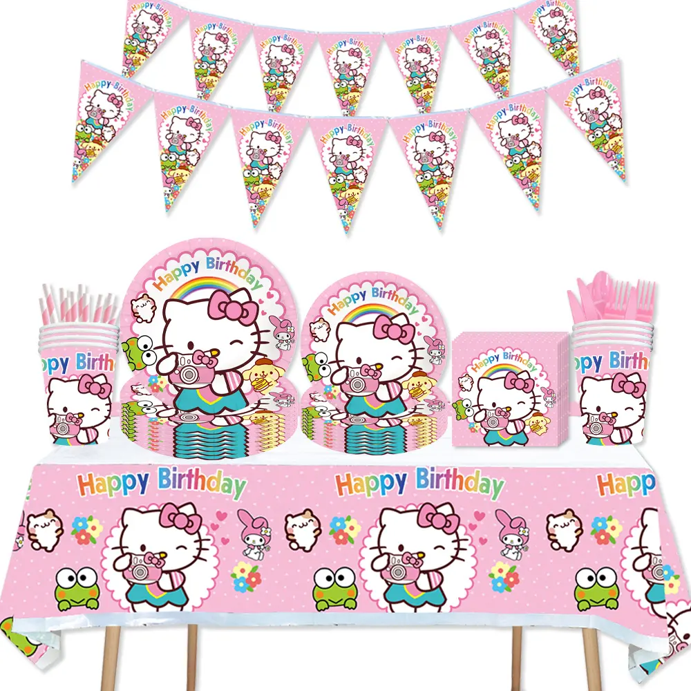 Милый набор украшений Hello Kitty, принадлежности для детской вечеринки, день рождения, вечеринки, бумажные тарелки, чашки, индивидуальное обслуживание