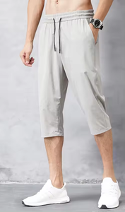 高级夏季冰丝3/4长裤弹性宽松合身男裤运动3/4裁剪带拉绳裤 - Product Image 6