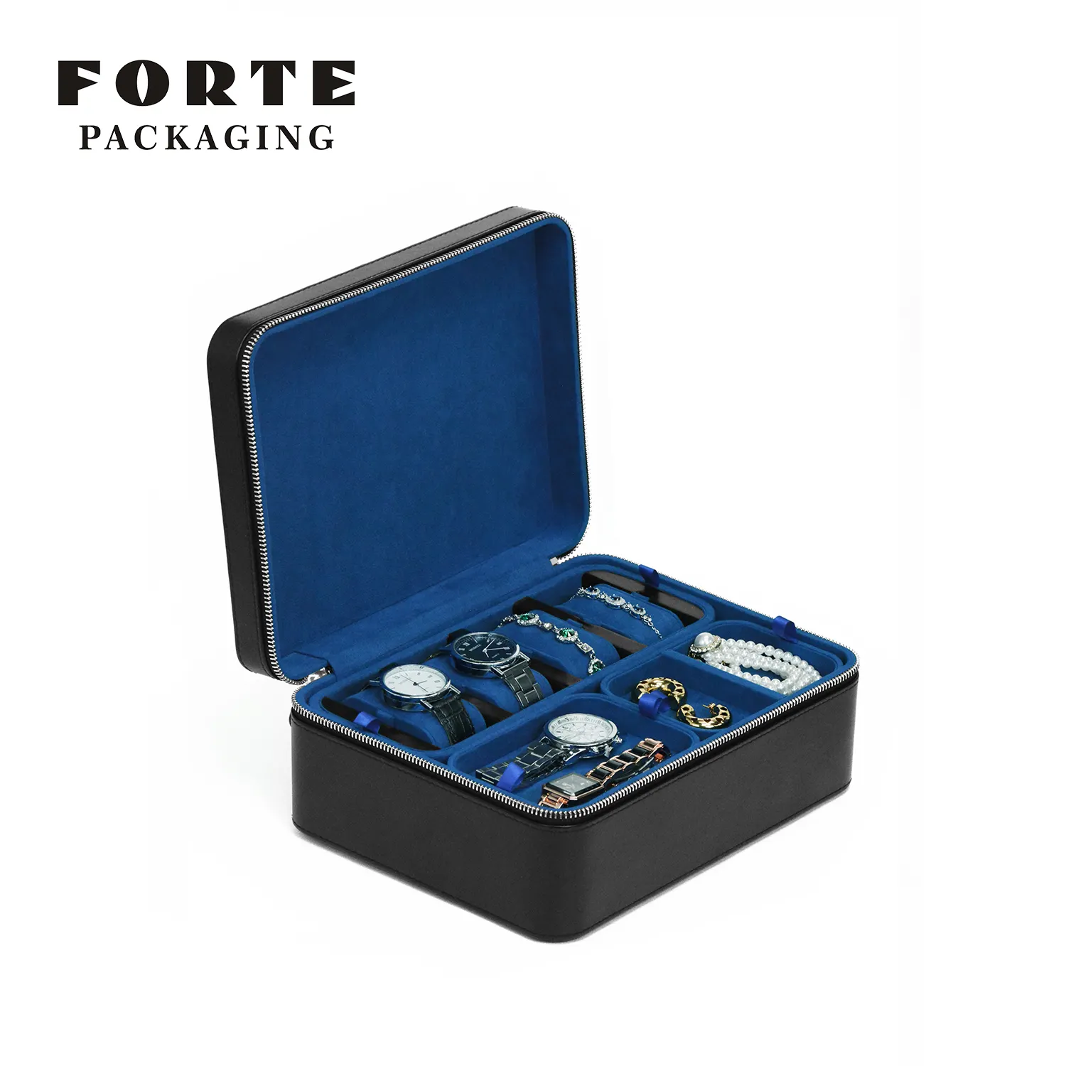 Forte - Estojo de joias de luxo para armazenamento de joias, material de couro PU de alta qualidade, inserção de veludo em duas camadas, azul e laranja