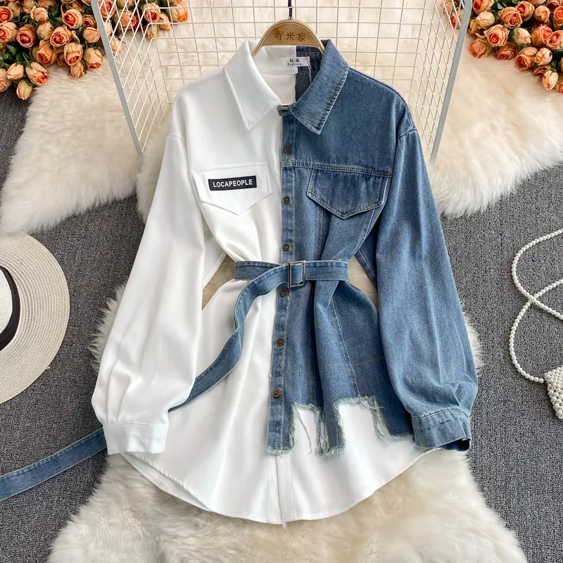 Fall 2023 Women Clothes Denim Stitching Lapel Shirt Dresses Women Casual Clothing Korean Long Sleeve Irregular Shirt Dress