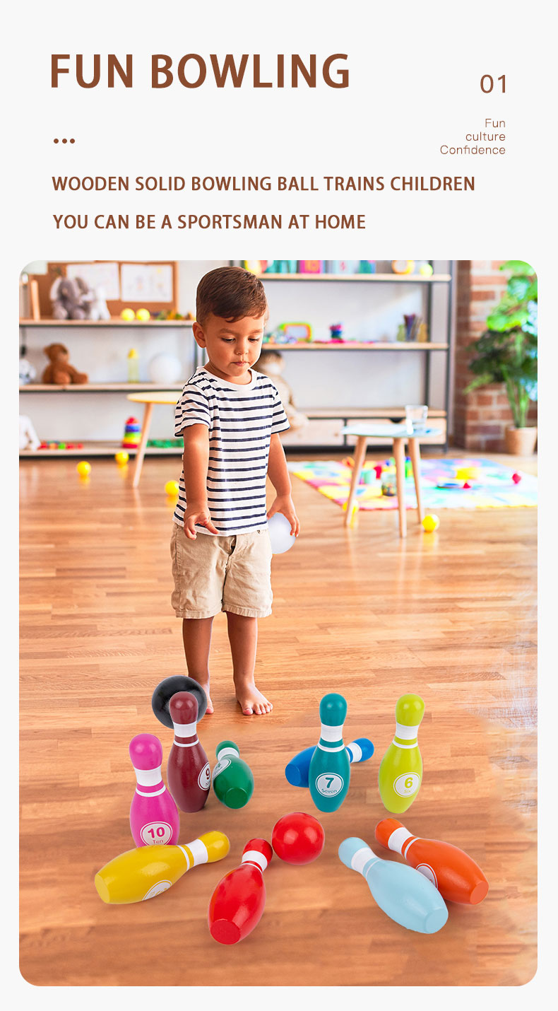 Hot Selling Kid Toy Colorful Wooden Small Bowling Sports Ball Parent-child Interactive Outdoor Games