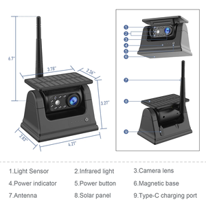 Câmera de backup solar para caminhão RV-5 "sem fio HD 1080P sistema de visão frontal/traseira com visão noturna IP69K FCC/CE Certified