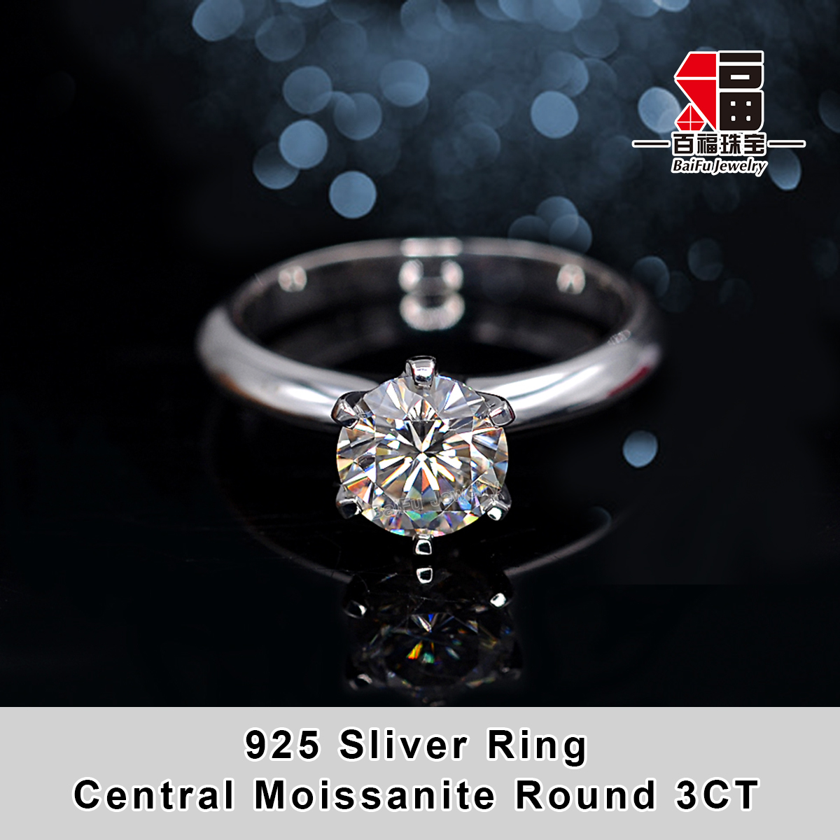 Bague en argent 925 avec Moissanite centrale ronde de 1CT