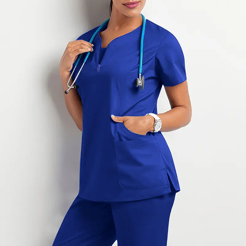 Fabricante de uniformes de hospital uniforme veterinário unissex camiseta com decote em V com zíper uniformes de enfermeira para mulheres
