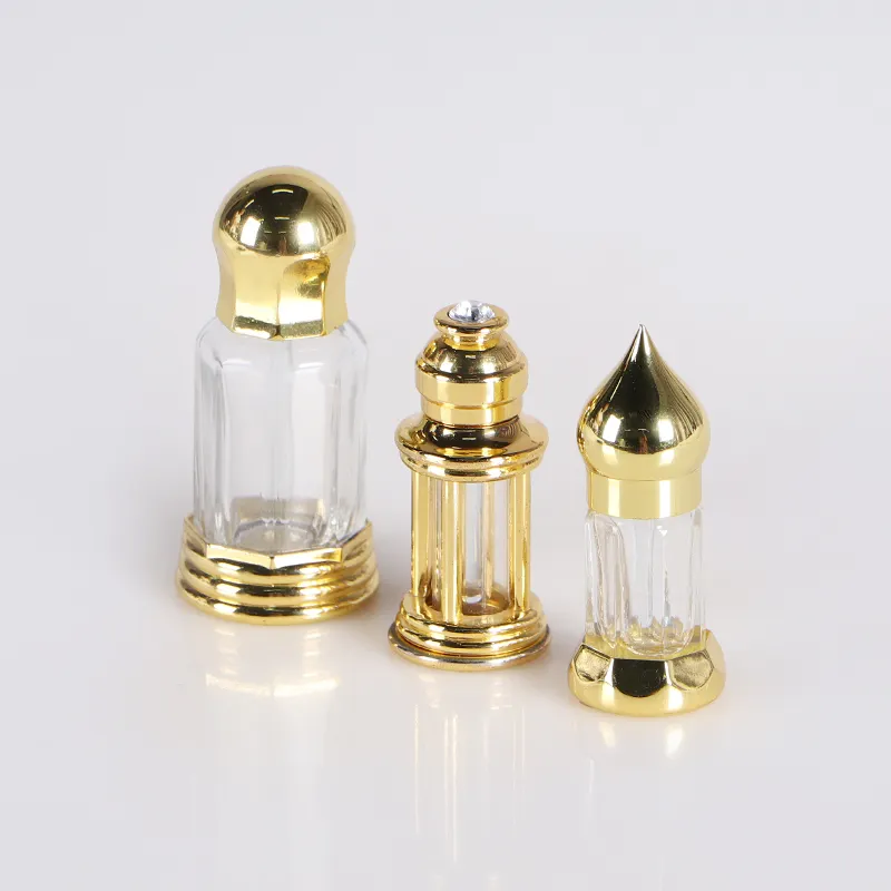 Bottiglia di olio di profumo attar di forma ottagonale all'ingrosso 3ml 6ml 10ml 12ml con coperchio in lega di bastoncino di vetro