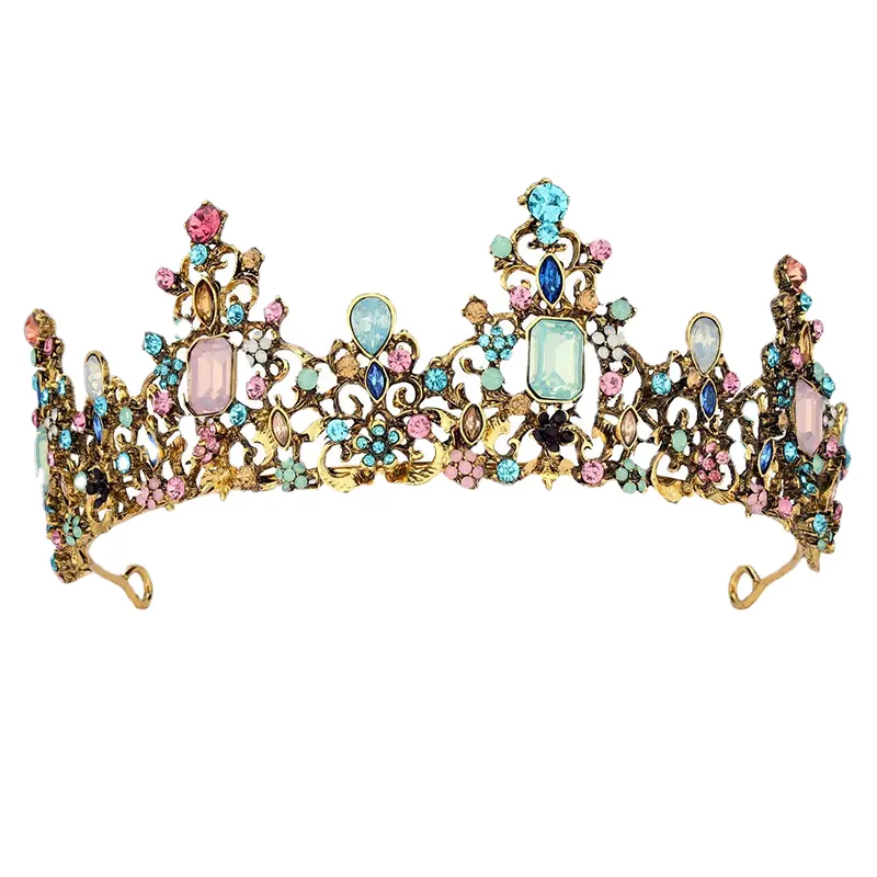 Bride's crown Vintage gold set with seven colorful diamonds Queen's Birthday Party Alloy Crown Hair wholesale