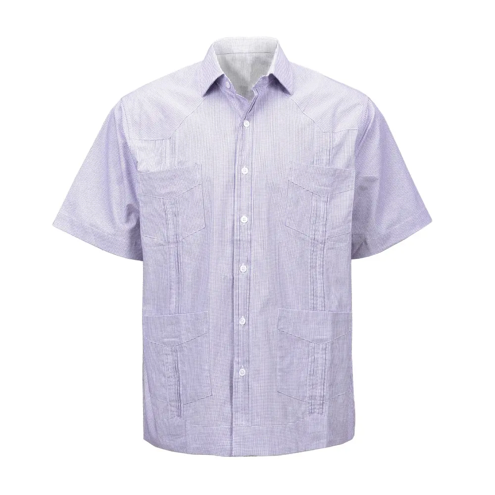 Hawaii Style Design Men's Shirt Cuban Guayabera Mexican Wedding Shirt Purple Check Short Sleeve Shirt For Men