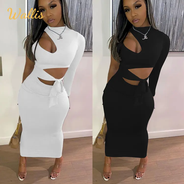 Großhandel schwarz aus geschnitten Single Langarm Bodycon Frauen Midi Maxi kleid Sexy Night Party Clubwear Long Pencil Kleider