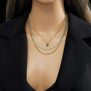 Dainty su geçirmez 316L paslanmaz çelik çok zincir mavi su damlası kadınlar için zirkon nazarlık kolye - Product Image 2