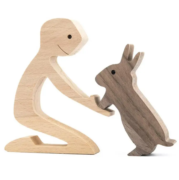 Figuras hechas a mano en miniatura de diseño creativo, artesanía de madera de conejo humano y pájaro