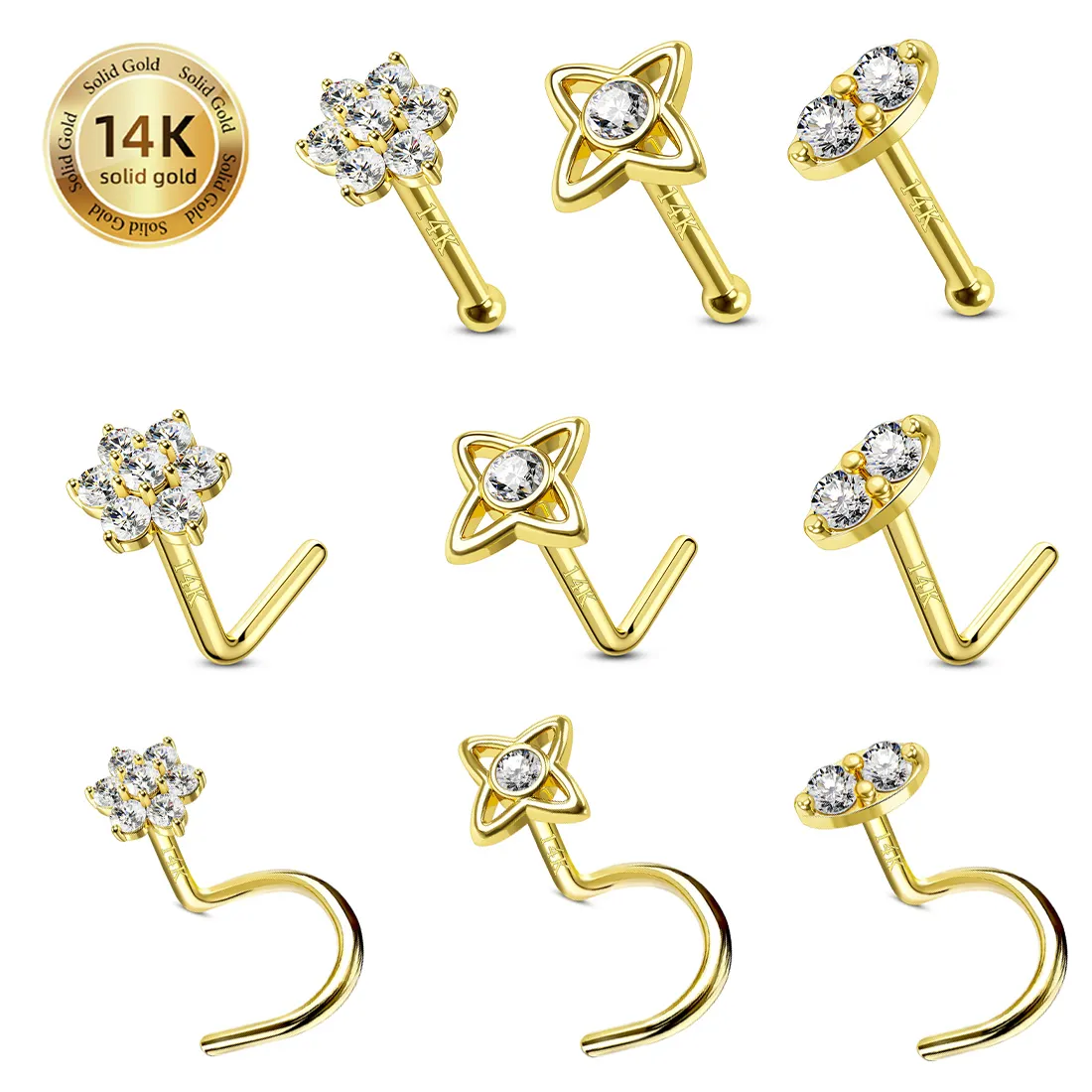 Toposh 14K Goud Kristal Cz Edelsteen Neus Schroef Piercing L Buig Vorm Pin Studs Sieraden