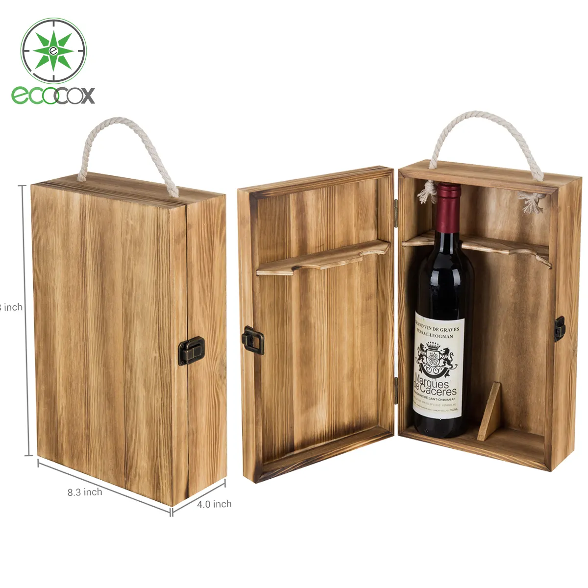 กล่องไม้สีเข้มเข้มเก็บไวน์ขวดคู่กล่องของขวัญไวน์ที่จับด้านบนบานพับฝาพร้อมที่จับเชือก
