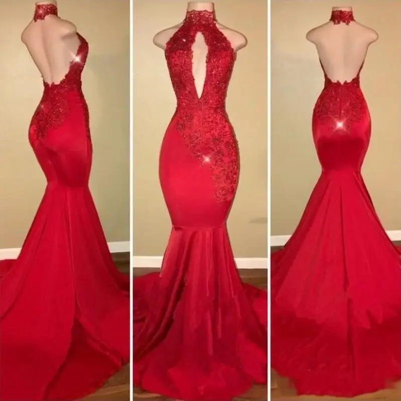 2020 Red Mermaid Prom Dresses per Africano Nero Ragazze Vestido De Festa Sexy Backless Del Halter Del Merletto Del Partito di Modo Abiti