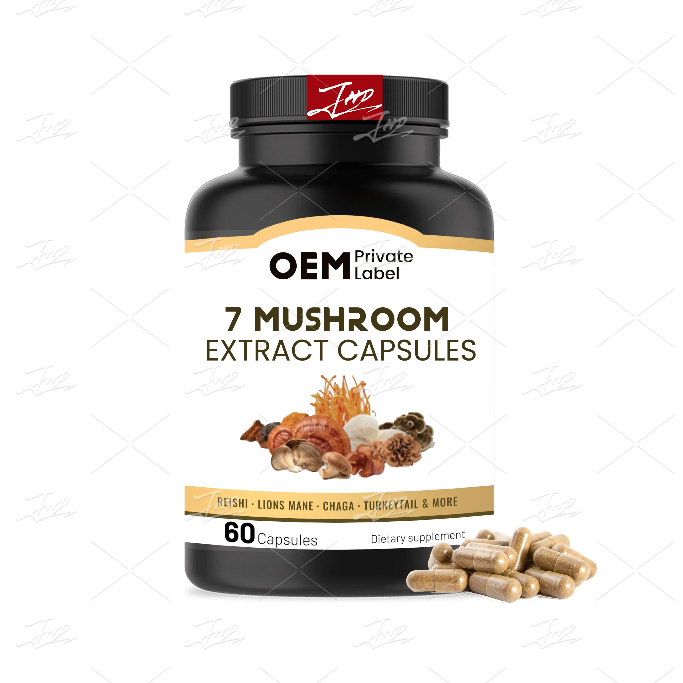 Cápsulas de extrato de cogumelo orgânico complexo 7 em 1 de marca própria OEM com Reishi Lions Mane Turquia Cauda Chaga