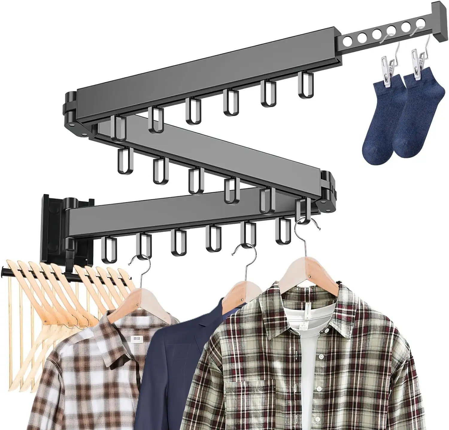 Folding Clothes Hanger Wall Mount Pano retrátil Drying Rack Space Saving Aluminum Home Laundry estender roupas morrendo rack