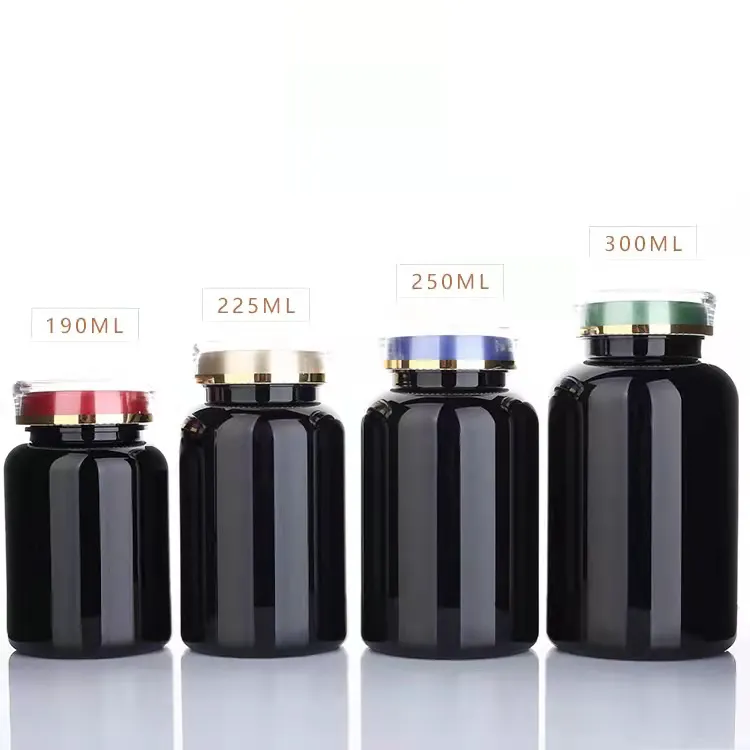 Ready to ship empty black 300cc PET bottle for Vitamin pill container with twist cap