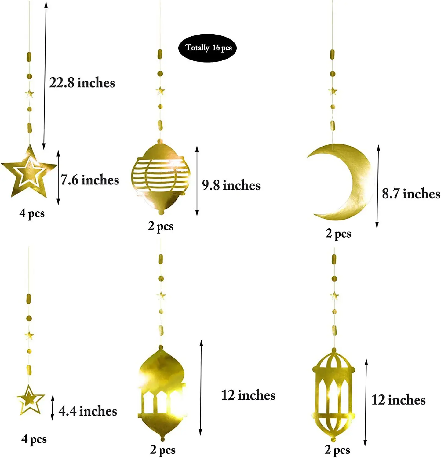 Joyeux Ramadan 16 pièces islamique or étoile lune croissant EID Mubarak Festivals fête décoration fournitures suspendus Streamer