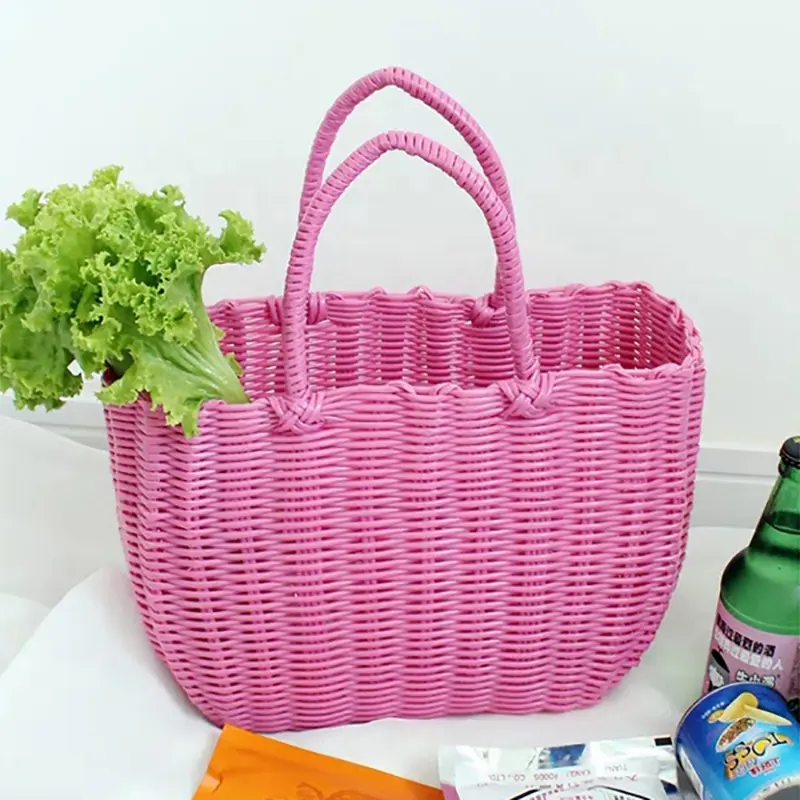 Panier de rangement en plastique PE pour pique-nique, sac à main, fourre-tout, tube de fleur tissé, plage, pique-nique, sac de rangement
