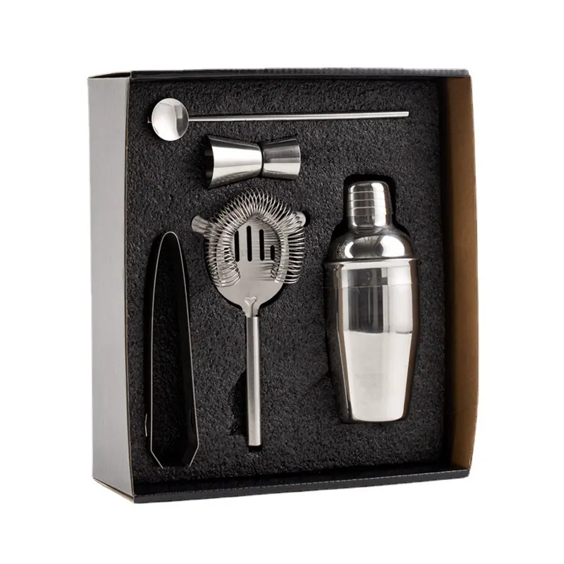 Kit personnalisé de cinq pièces pour barman Outils de bar en acier inoxydable Set de fabrication de shakers à cocktails avec boîte cadeau