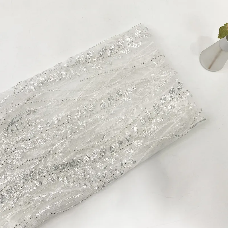 Tela de encaje de malla 100% poliéster, tejido de encaje con lentejuelas para fiesta de boda