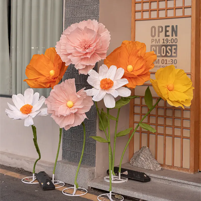 A-1537 Luxury artificial crepe paper flower with stand handmade blooming giant rose paper flowers