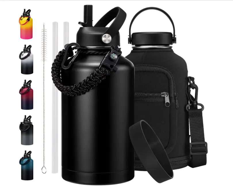 64oz stainless steel vacuum insulated straw water bottle with sleeve wide mouth leakproof water jug for sport camp outdoor