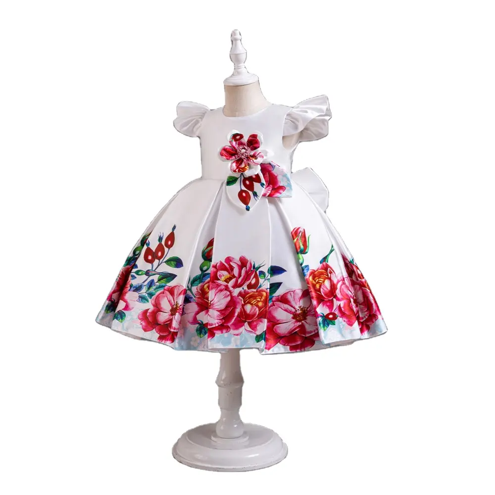 Nuevos vestidos de niña de las flores boda niños blanco 3-8 años vino rojo flor pastel de cumpleaños vestidos de niña