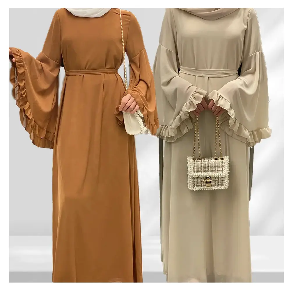 All'ingrosso turchia Dubai tinta unita semplice modesto abbigliamento islamico maniche arruffate Chiffon Abaya abiti musulmani per le donne Abaya