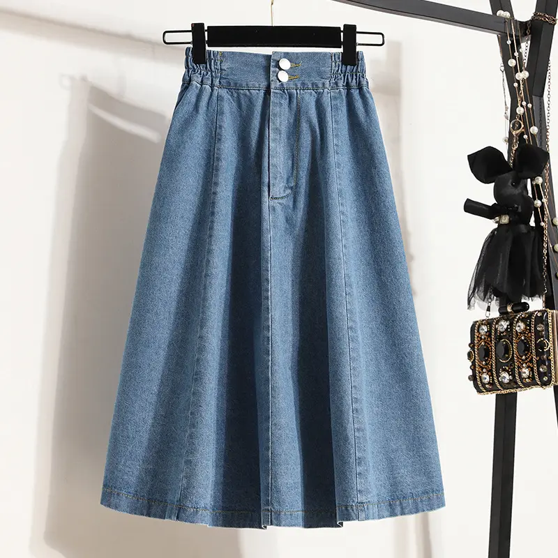 High Quality Girls Vintage Denim Skirt Ladies Casual Mid Length Skirt Loose Blue Jean A-Line Women Skirt