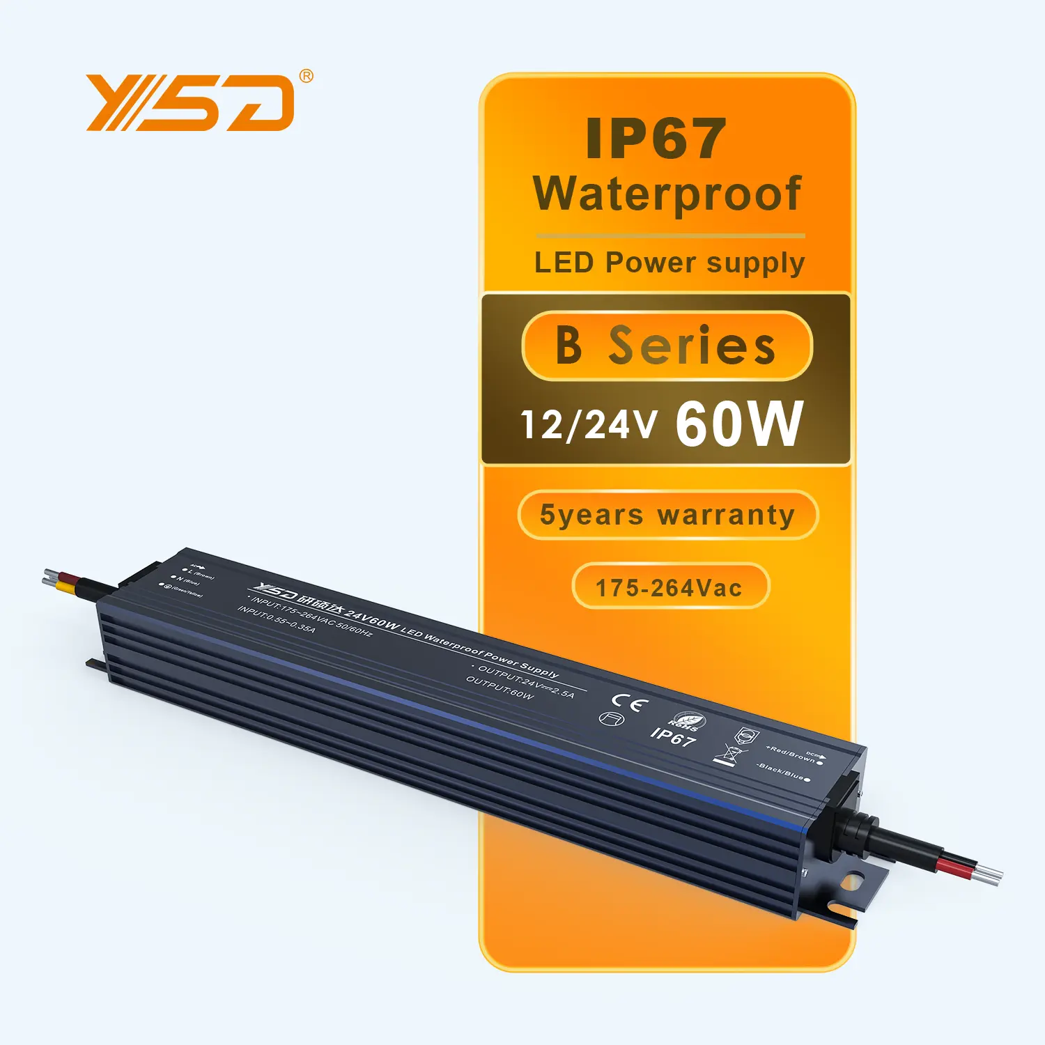 YSD 60w 12V 24V constant voltage led driver with CE,RoHS certifications wholesale price waterproof led power supply 60w 100w