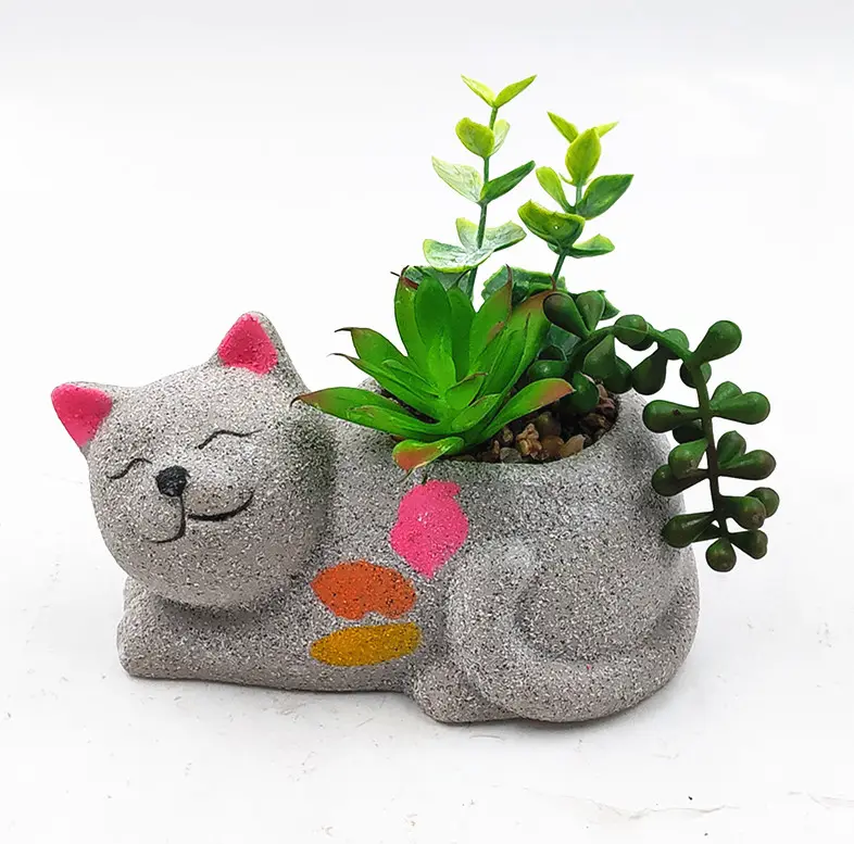 Low MOQ Cute Cat Shape Ceranic Flower Pot Animal Planter Pot For Desktop Decor