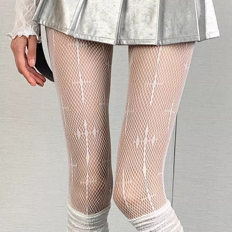 Cross flower fishnet socks white