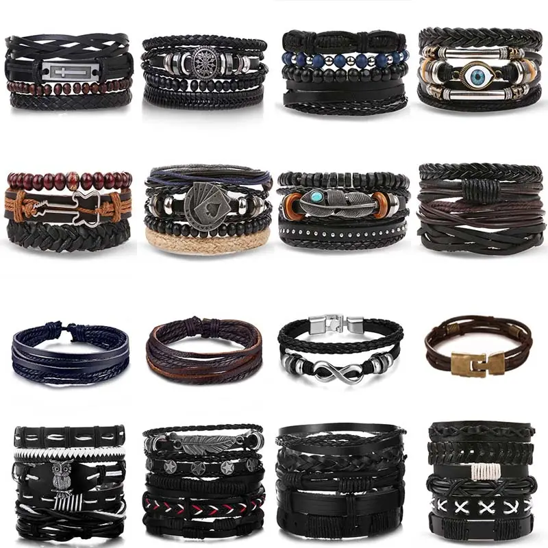 Pulseras de cuero trenzadas Vintage para hombre, gótico, Punk, Yin Yang, pluma infinita, cuentas de madera, pulseras tribales étnicas, regalo para hombre