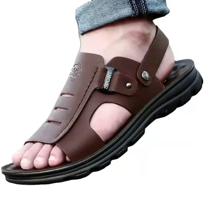 2023 summer new men's sandals fashion dual-purpose flat slippers leather casual breathable sandals