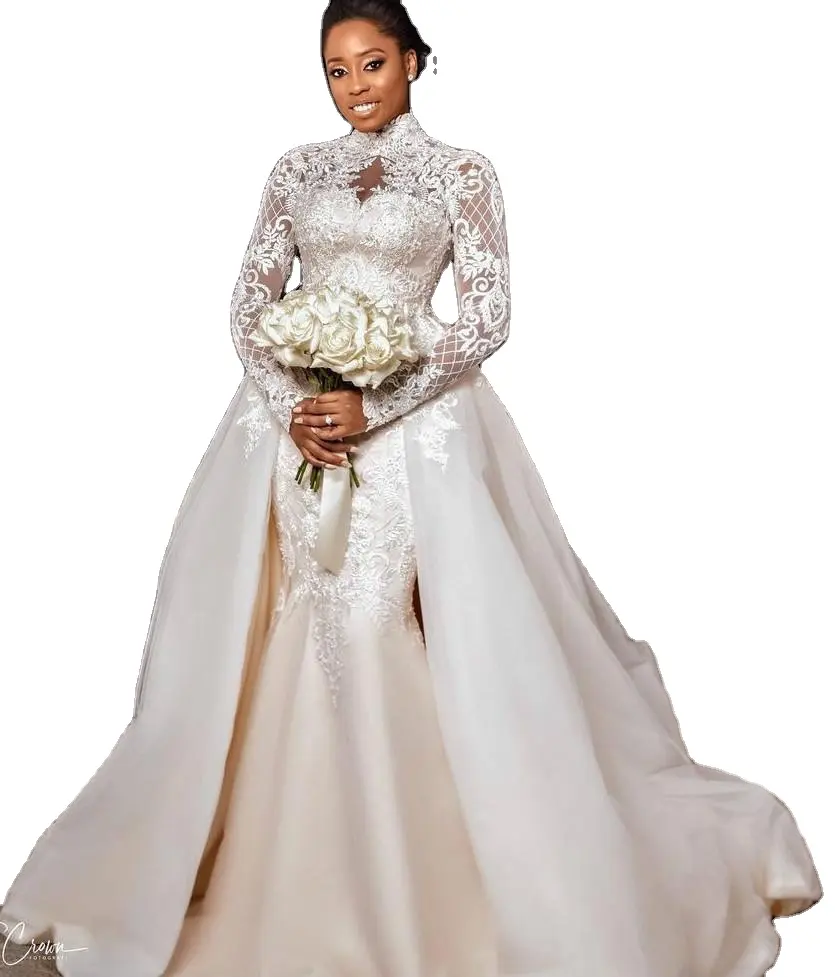Vestido de noiva simples de renda com mangas compridas com gola de trem destacável para noiva