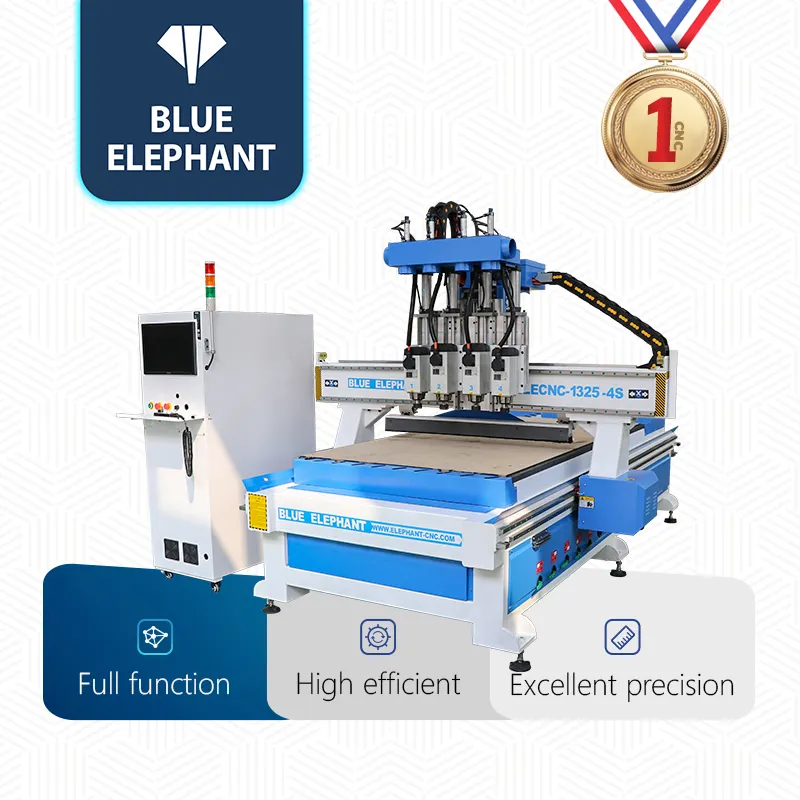 Elefante azul multihusillo cnc router 1325, 4 husillos para trabajar la madera 3d cnc, máquina de tallado de madera con rotación