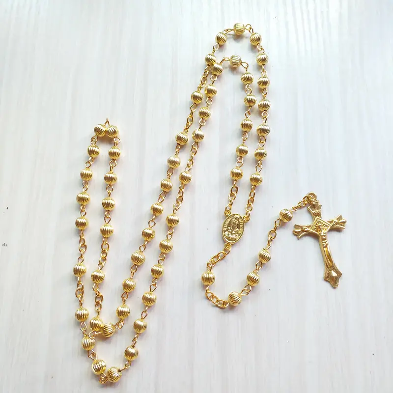 Collier Mini chapelet en perles métalliques creuses, plaqué or, 6mm, pour femmes